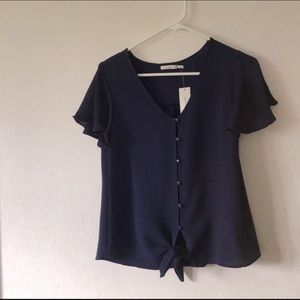 Mi Ami navy button/tie blouse
